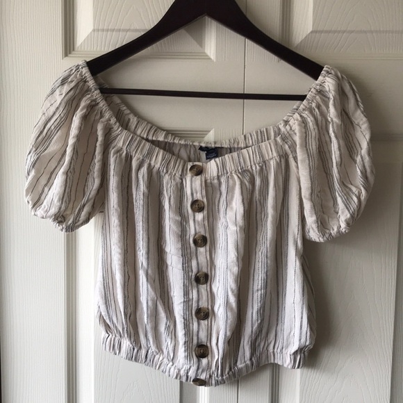 AEO cream striped off shoulder crop top - Picture 2 of 6